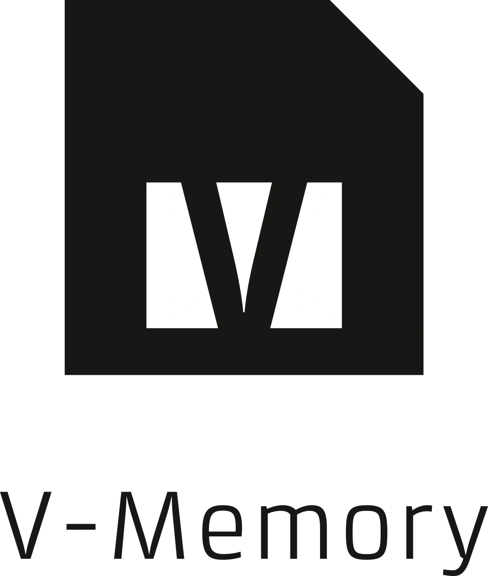 V-Memory logo, black rectangle with white V, V-Memory text below, simple design