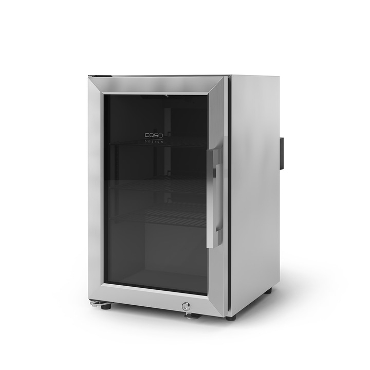 Edelstahl-Kühlschrank mit Glastür, Caso Design, Innenraum mit Regalen, isoliert