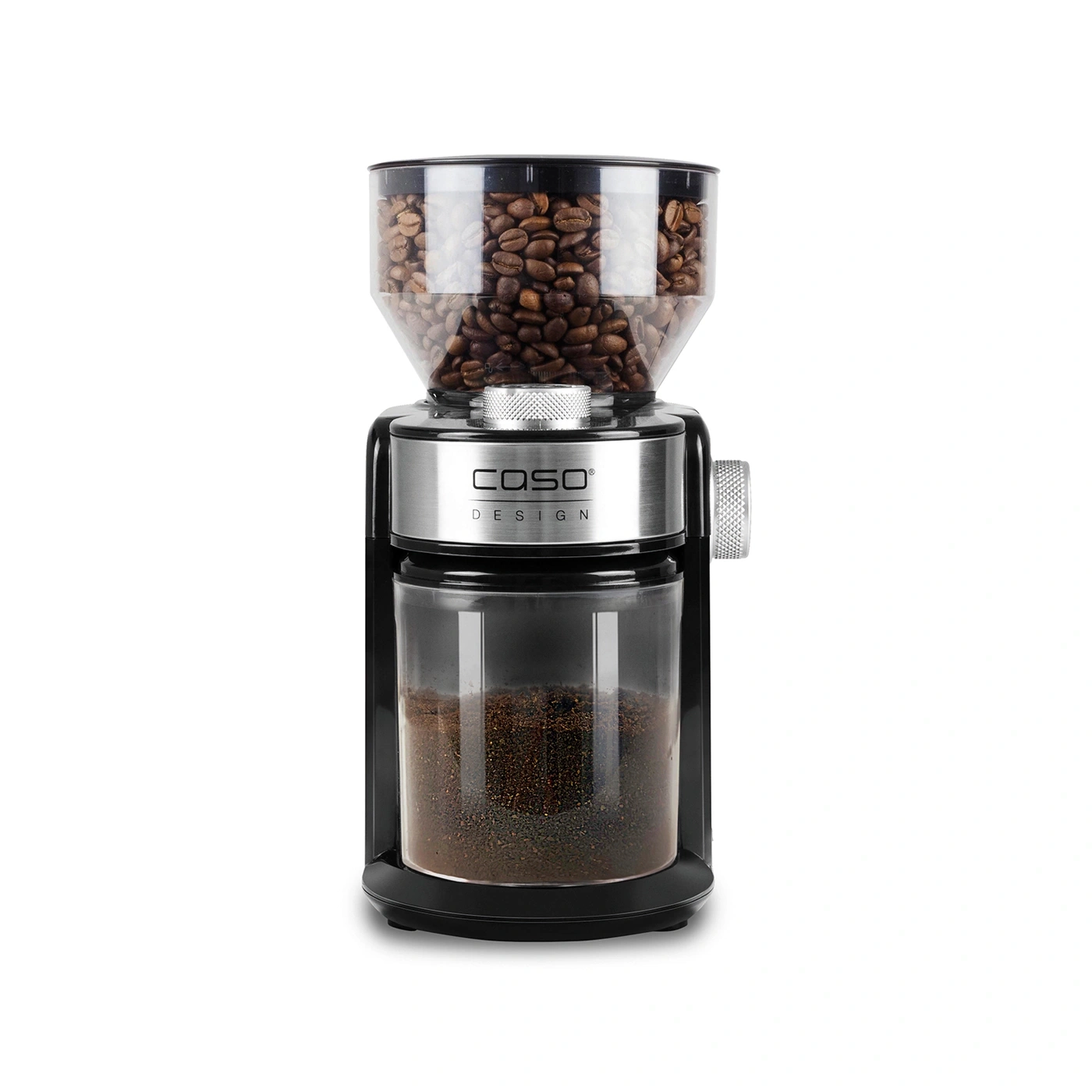 Kaffeemühle mit Bohnen und gemahlenem Kaffee, Caso Design, schwarz