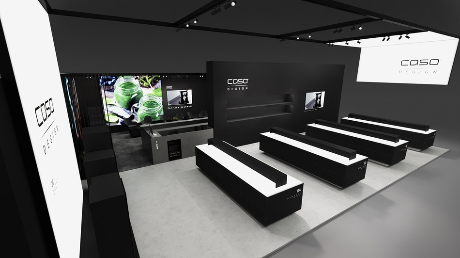Schwarzer Ausstellungsstand mit Caso Design-Logo und Produktpräsentation.