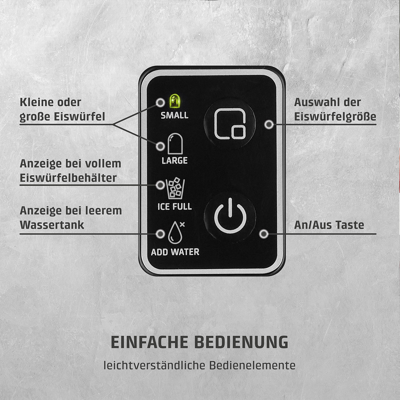 Eiswürfelmaschine mit Bedienfeld: Eiswürfelgröße, Behälter, Wassertank, Ein/Aus-Taste.