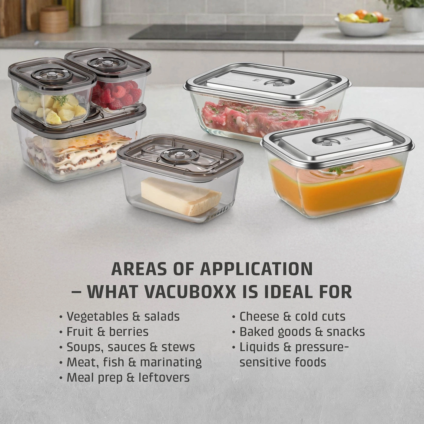 Vacuum containers for various foods like fruits, vegetables, meat, and soups.