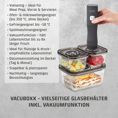 VACUBOXX glass containers with vacuum function, ideal for meal prep and storage.
