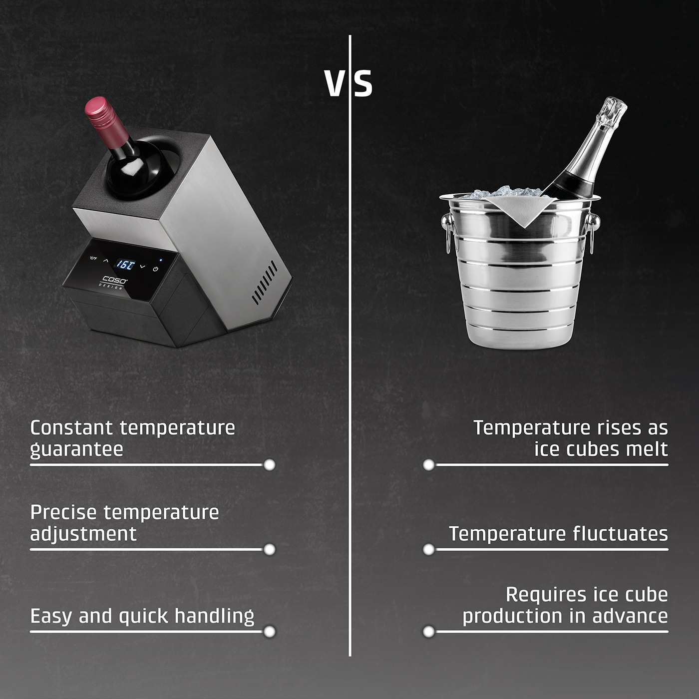 Wine cooler vs. ice bucket: Constant temperature vs. fluctuating temperature.