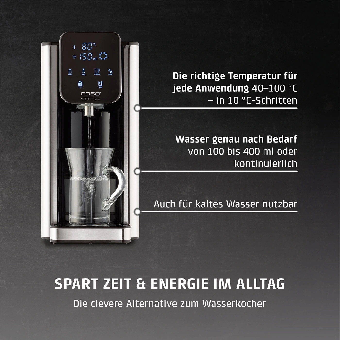 Ein Wasserspender mit digitalem Display und deutscher Beschriftung.