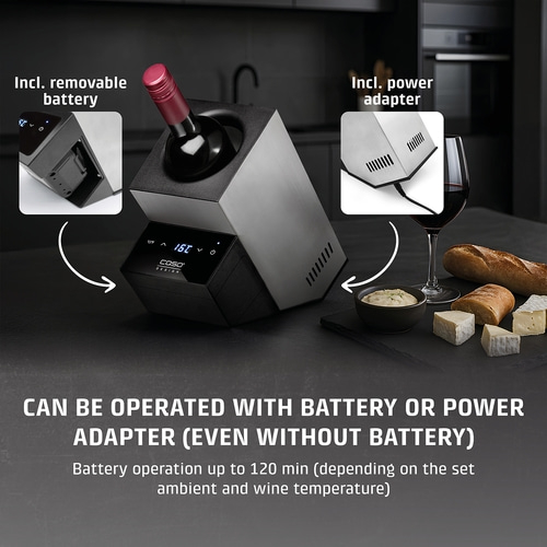 Wine cooler with battery and power supply, bread, cheese and wine