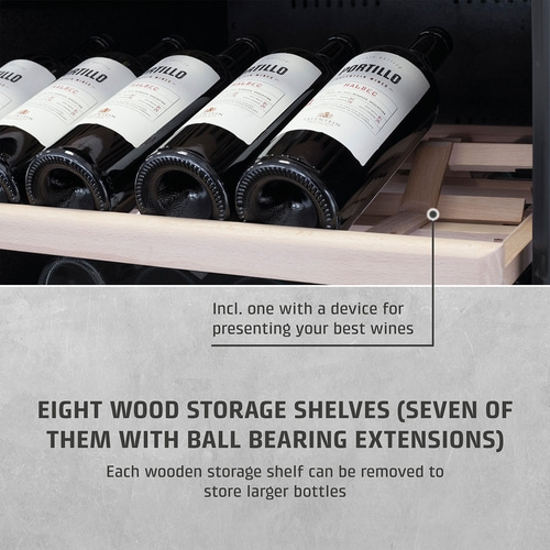Wine cooler with wooden shelves and wine bottles, presentation of wines, storage
