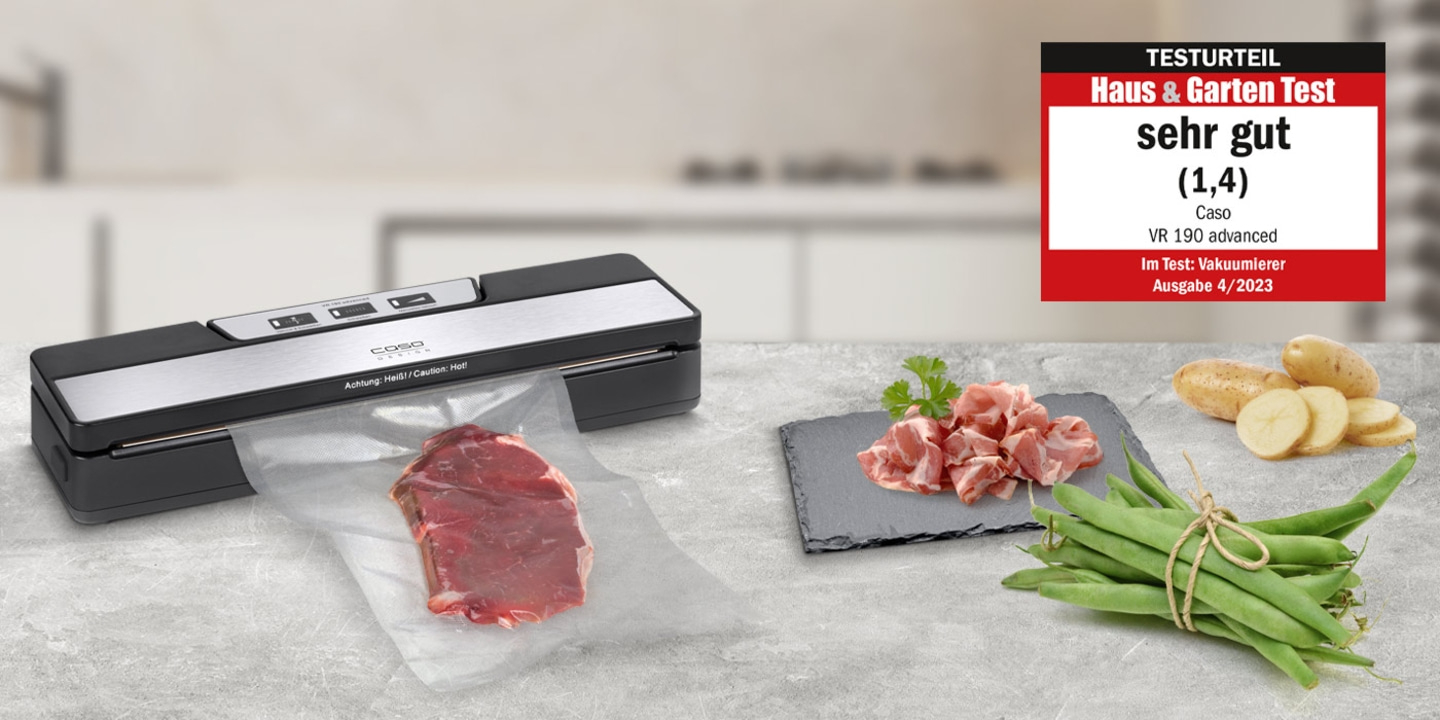 Vakuumierer mit Fleisch, Gemüse und Testurteil 'sehr gut' (1,4) von Haus & Garten Test.