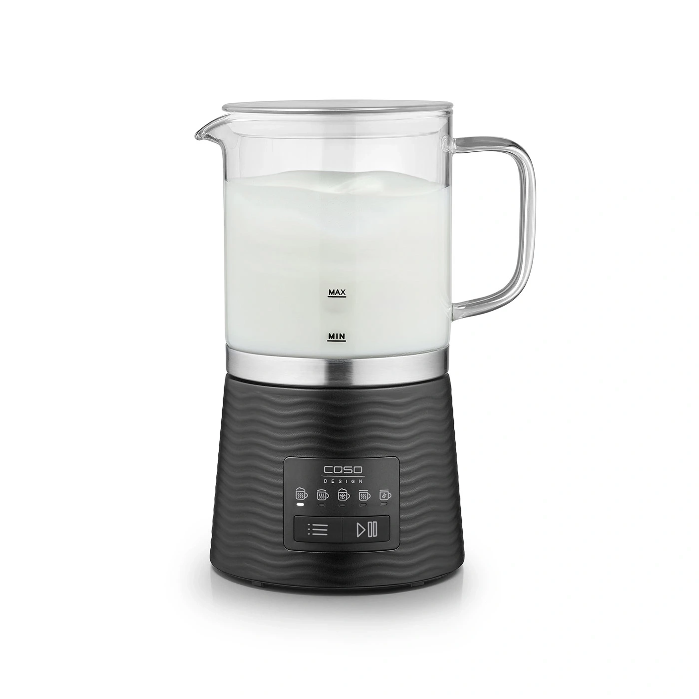 Milk frother with milk. Black base, glass jug, control panel, Caso Design.