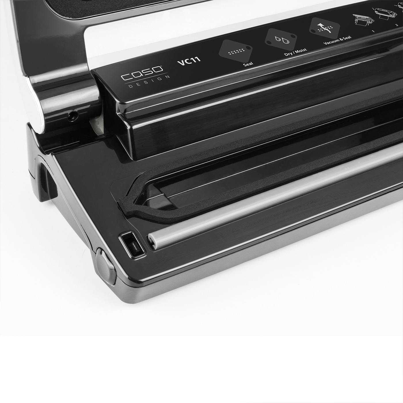 Caso VC11 vacuum sealer, black, detail shot, control panel, vacuum & seal, dry/moist