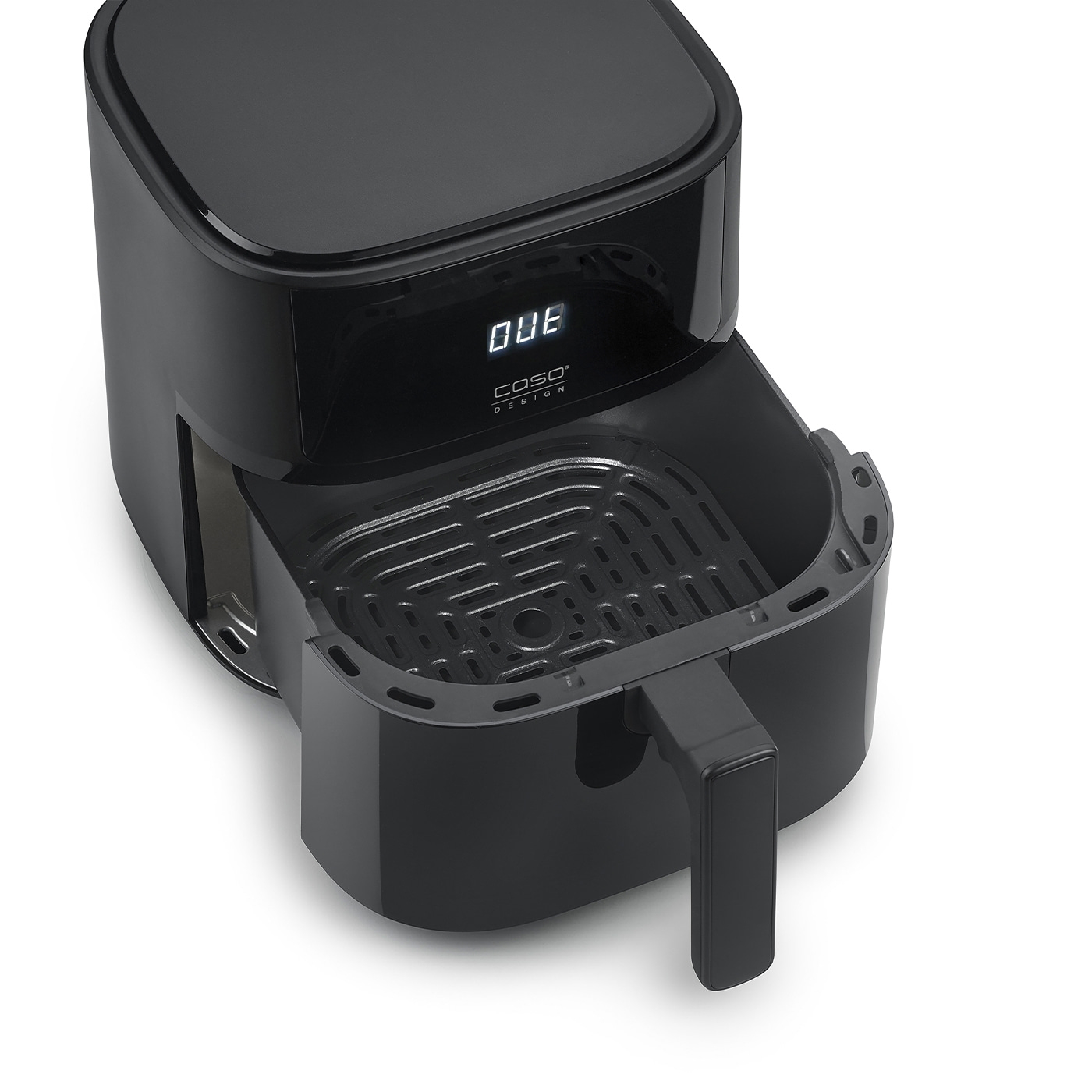 Black air fryer with removable basket and digital display, modern design.