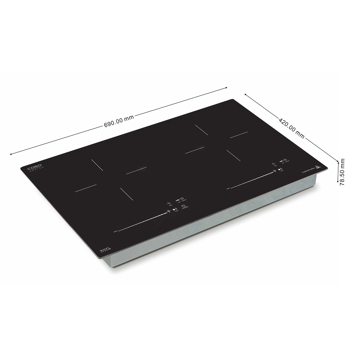 Schwarzes Kochfeld mit Abmessungen: 690 mm x 420 mm x 78,50 mm