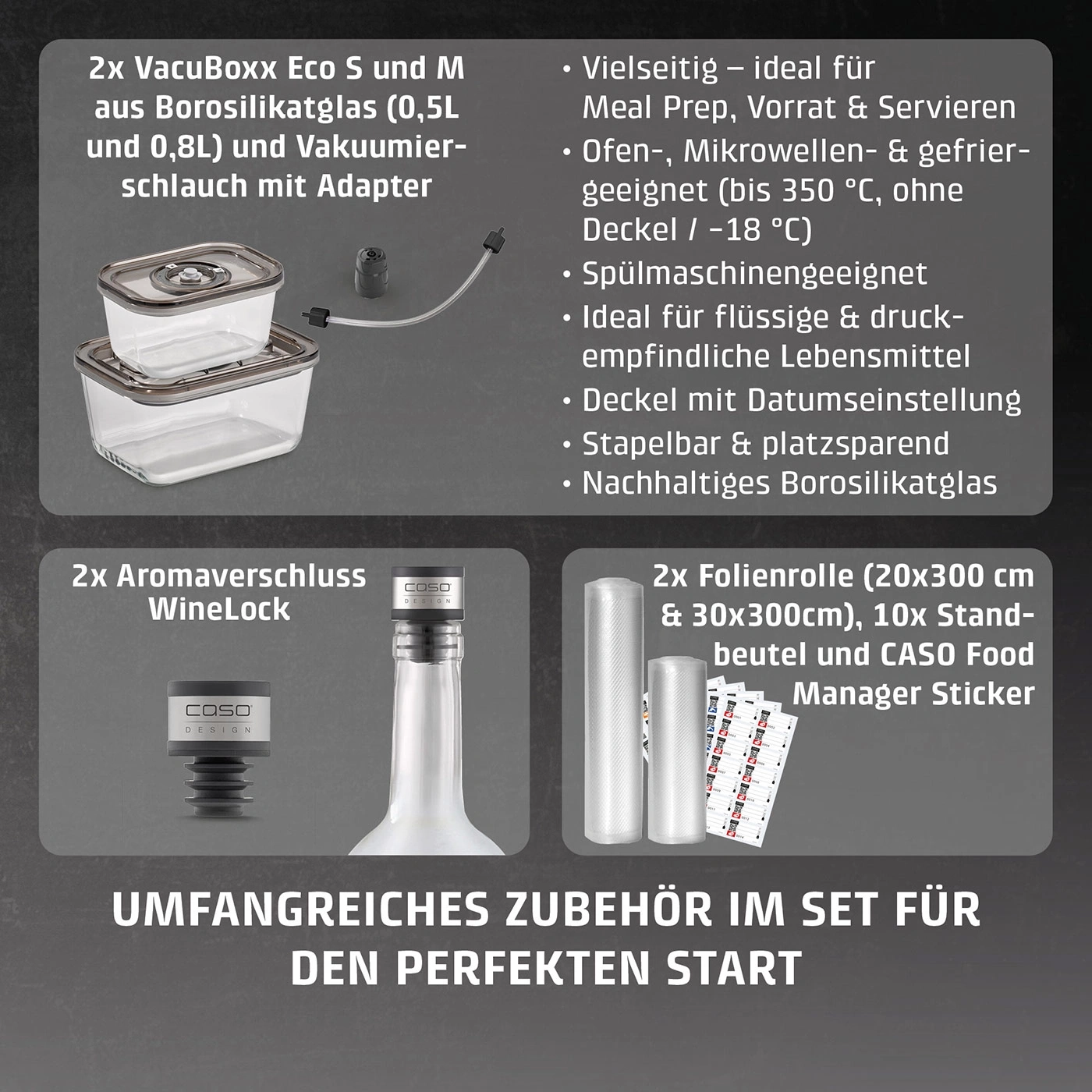 Zubehör für Vakuumiergerät: Glasbehälter, Weinverschluss, Folienrollen und Sticker.