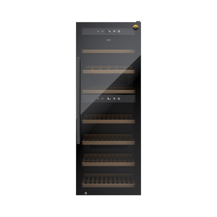 Weinkühlschrank mit Temperaturanzeige und Holzregalen, schwarz