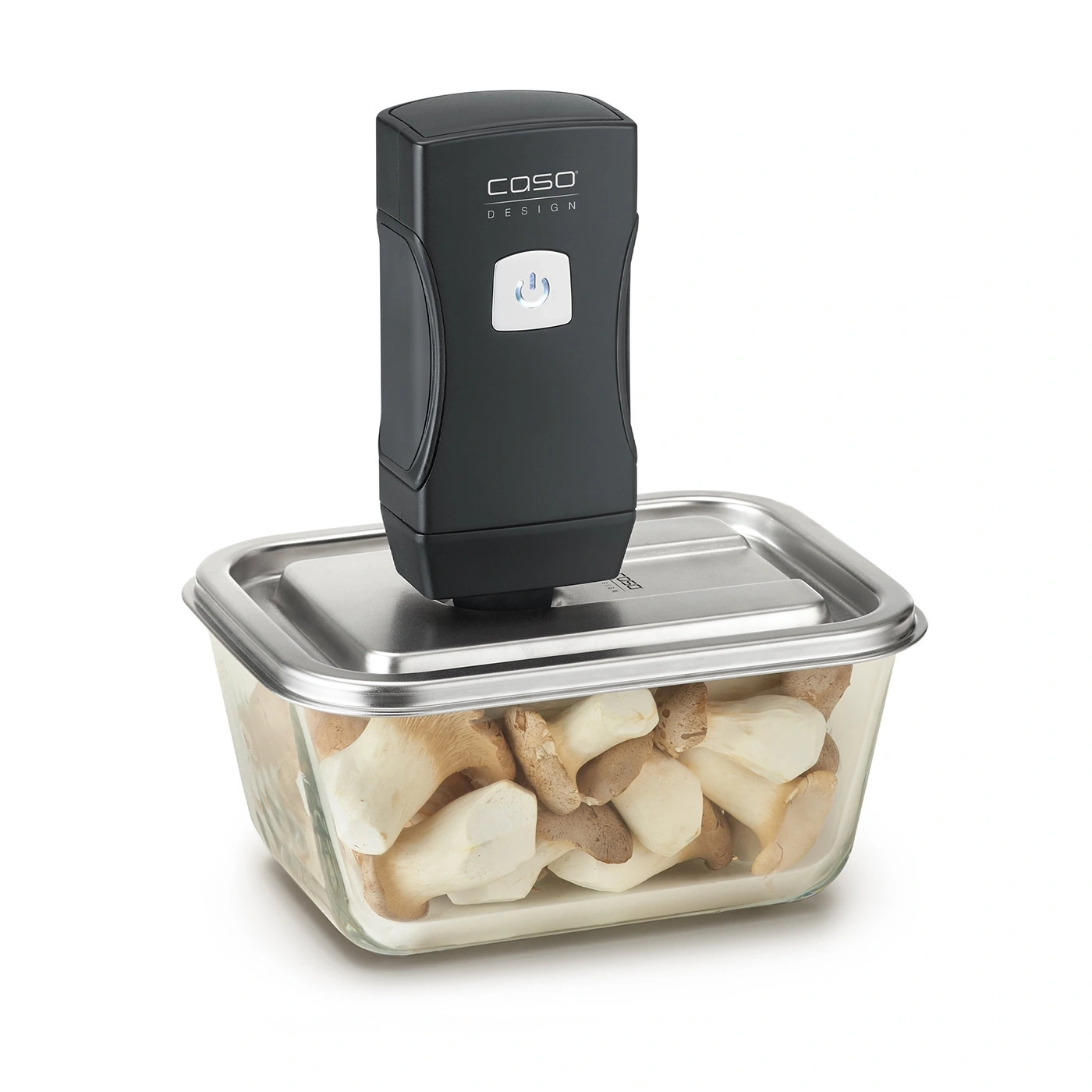 Vacuum sealer on glass container with mushrooms, Caso Design, food preservation