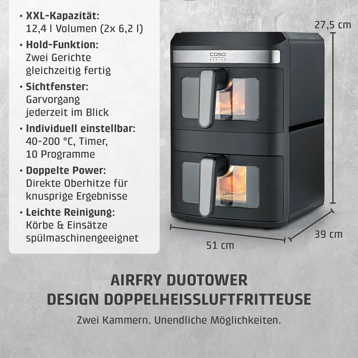 Design Doppelheissluftfritteuse mit zwei Kammern, 12,4 Liter, 27,5 cm Höhe, 51 cm und 39 cm Breite/Tiefe.
