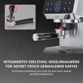 Edelstahl-Kaffeemaschine mit integriertem Mahlwerk und Siebträger