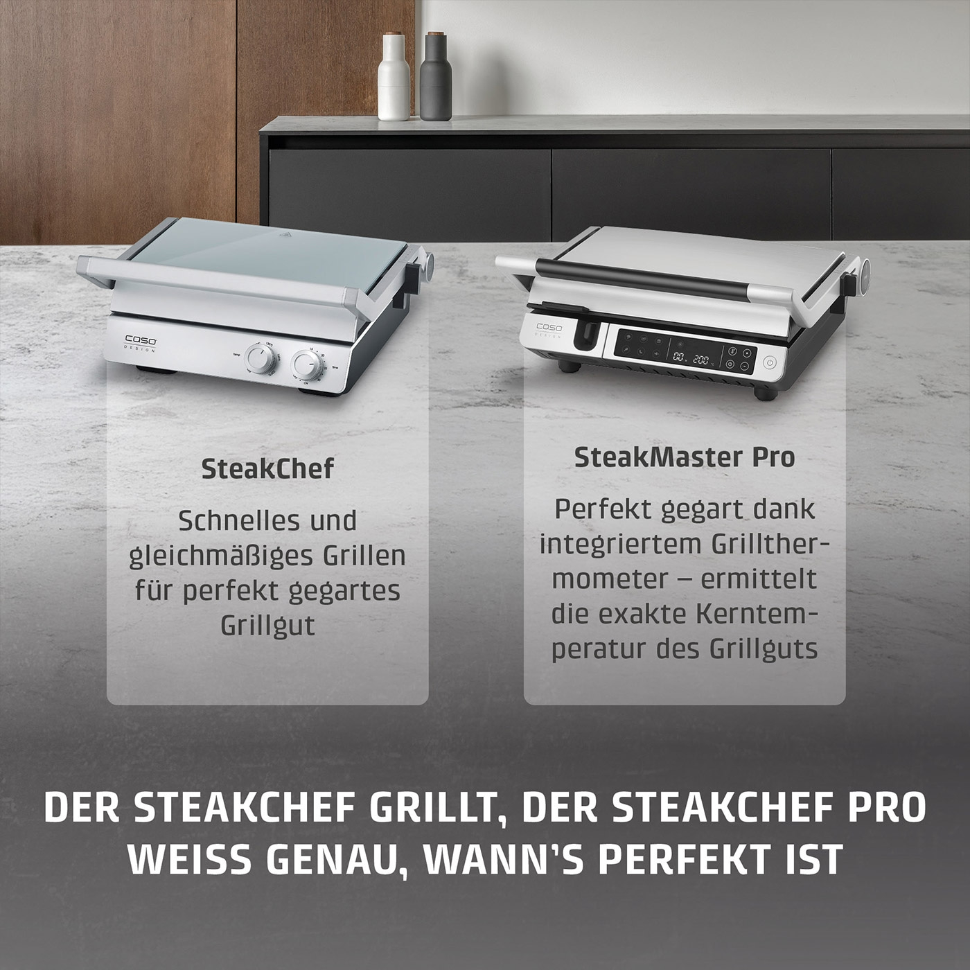 Zwei Caso Grillgeräte, SteakChef und SteakMaster Pro, auf einer Arbeitsplatte.