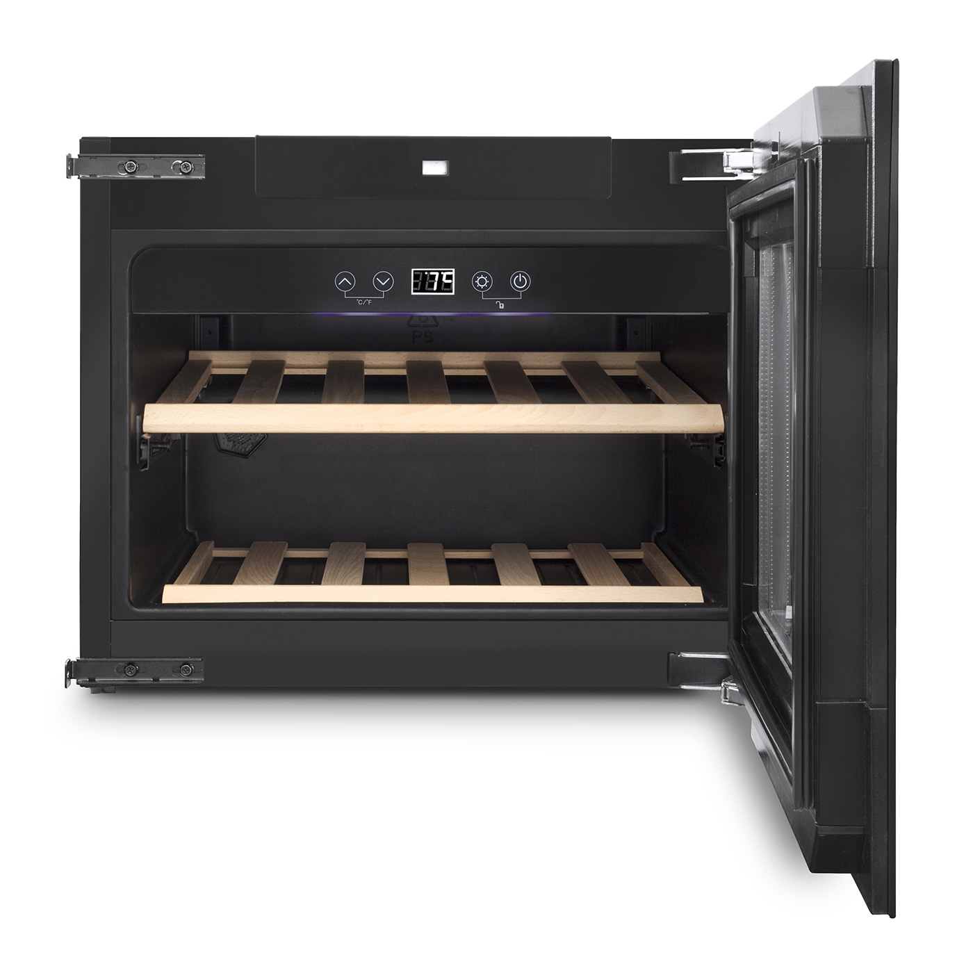 Wine cooler with open door, wooden shelves, digital display, black casing, isolated