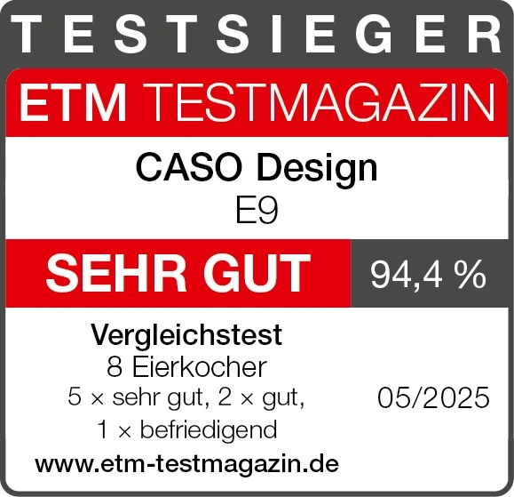 Testmagazin-Auszeichnung für Caso Design E9 mit Bewertung Sehr Gut und 94,4%.