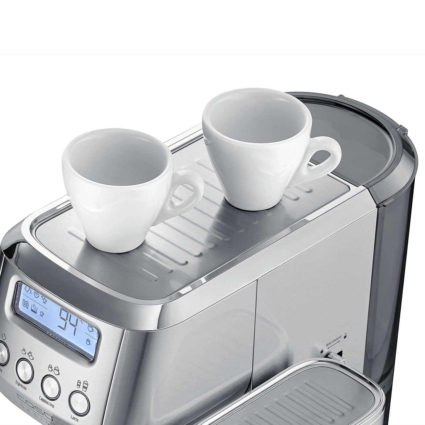 Kaffeemaschine mit zwei Tassen, Edelstahl, Digitalanzeige, Nahaufnahme, weißer Hintergrund.