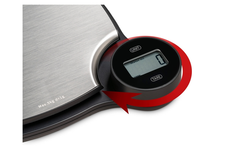 Kitchen scale with digital display, red arrow, water ml, 0, unit, tare
