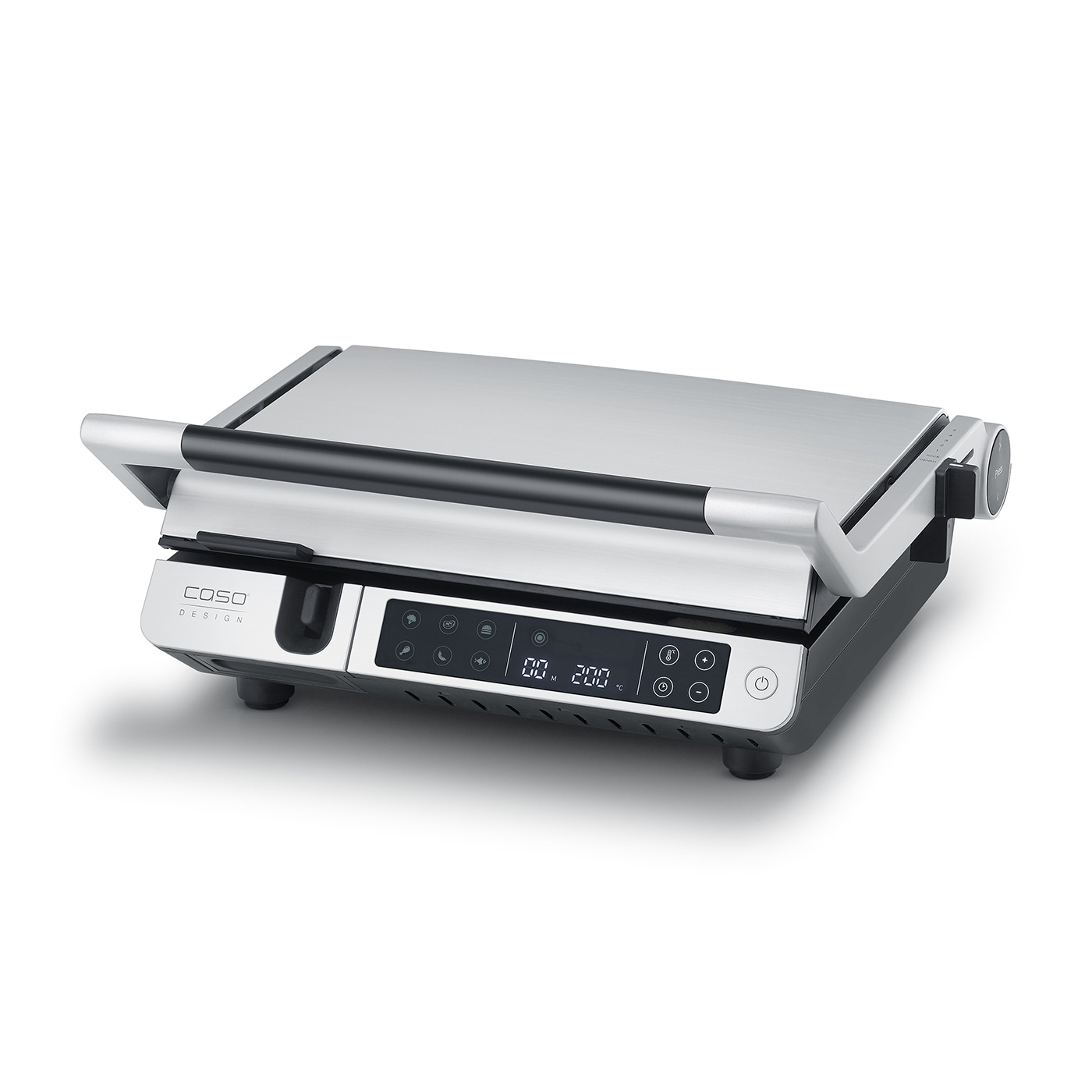Electric contact grill, silver and black, with digital display and control elements.