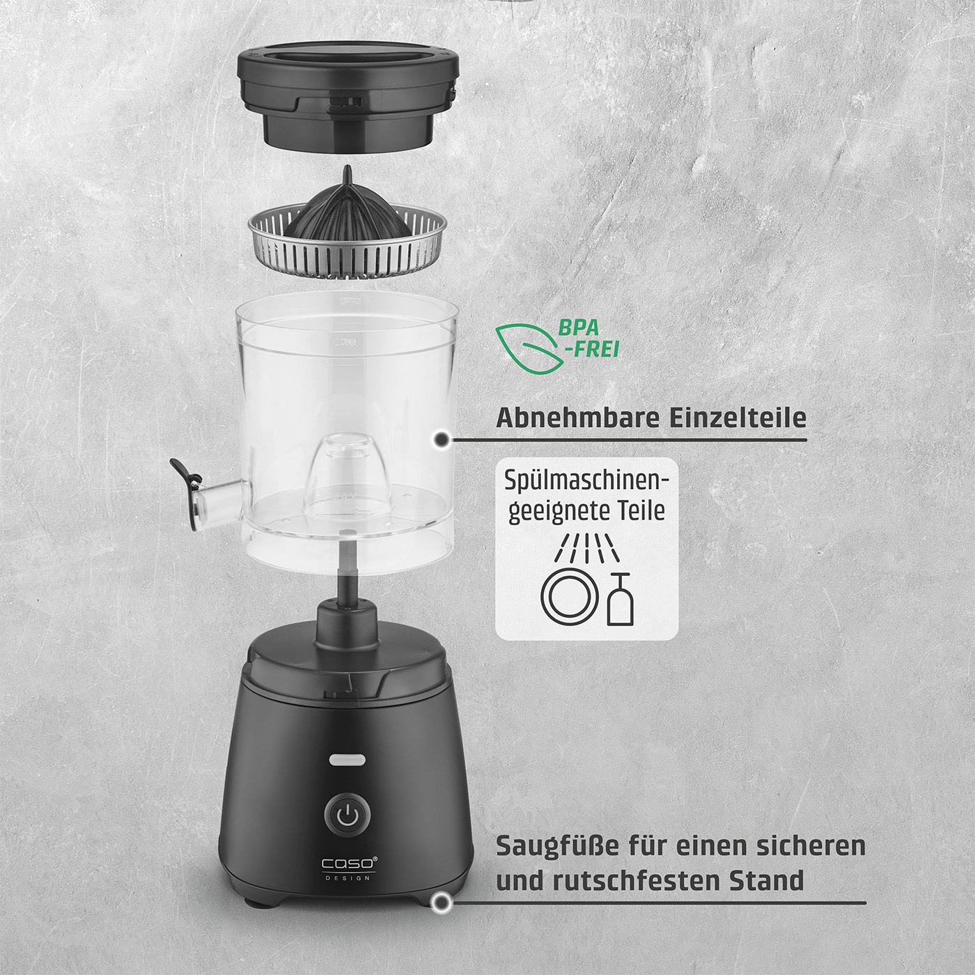 Citrus juicer with BPA-free, removable parts, dishwasher safe, and non-slip feet.