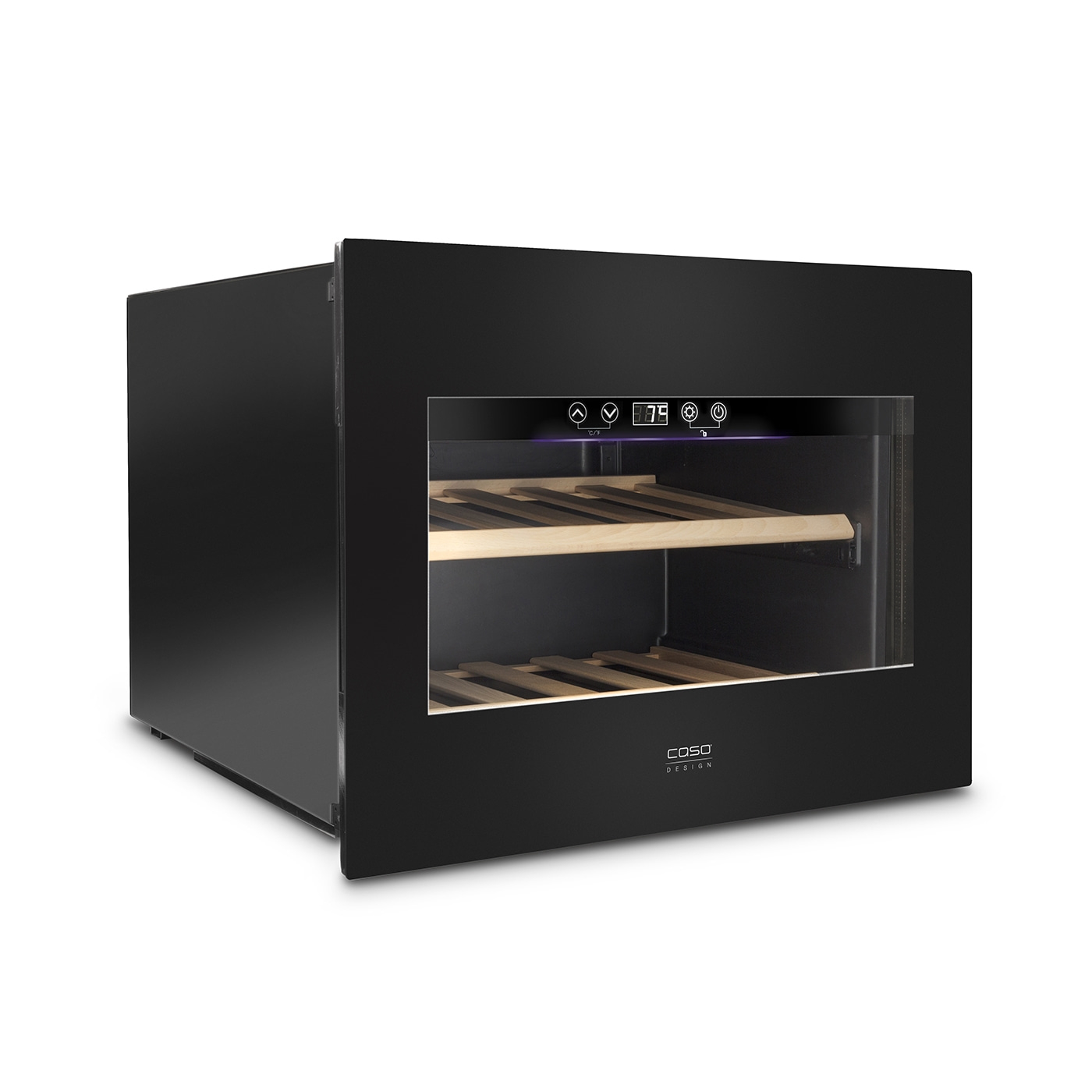 Black wine cooler with wooden shelves and digital display, Caso Design