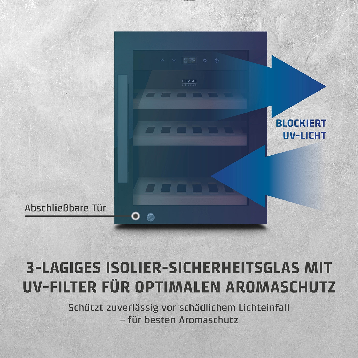 Weinkühlschrank mit UV-Filter, abschließbarer Tür, Aromaschutz, 3-lagiges Isolierglas.