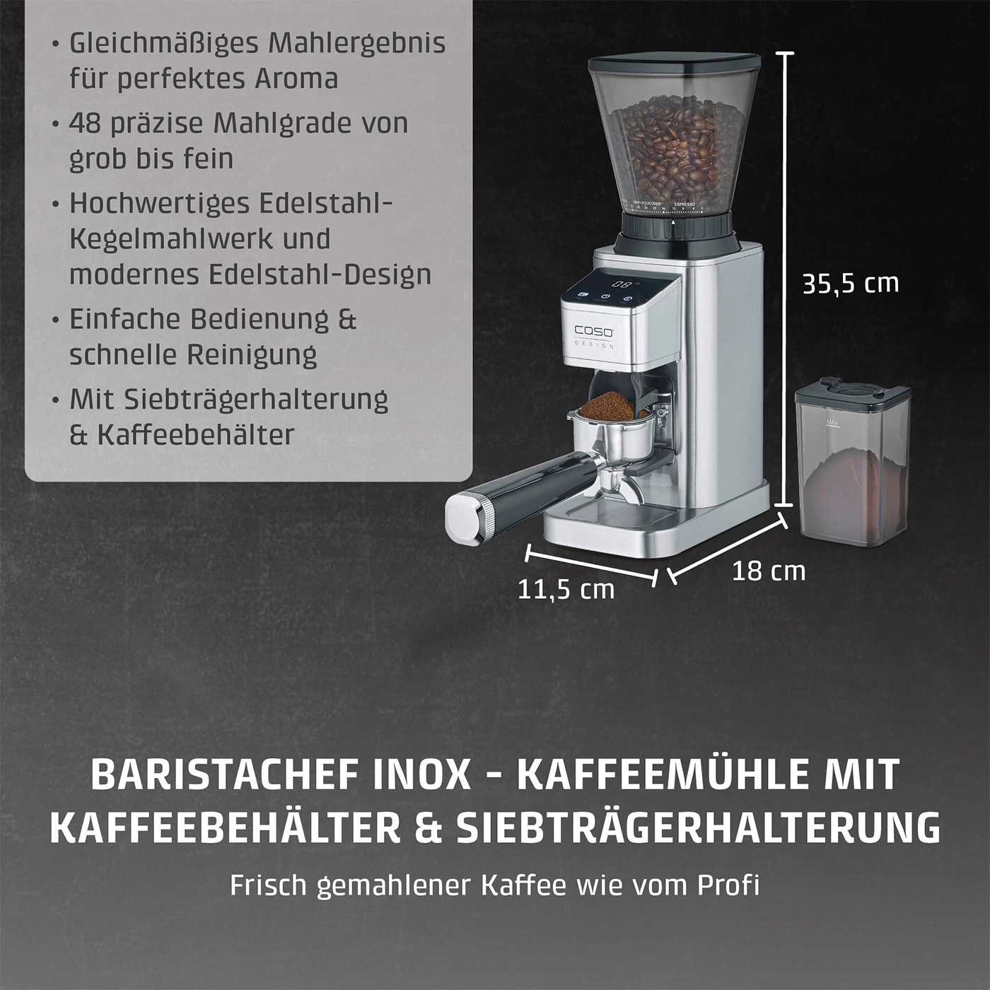 Barista Kaffeemühle mit Siebträgerhalterung und Kaffebehälter