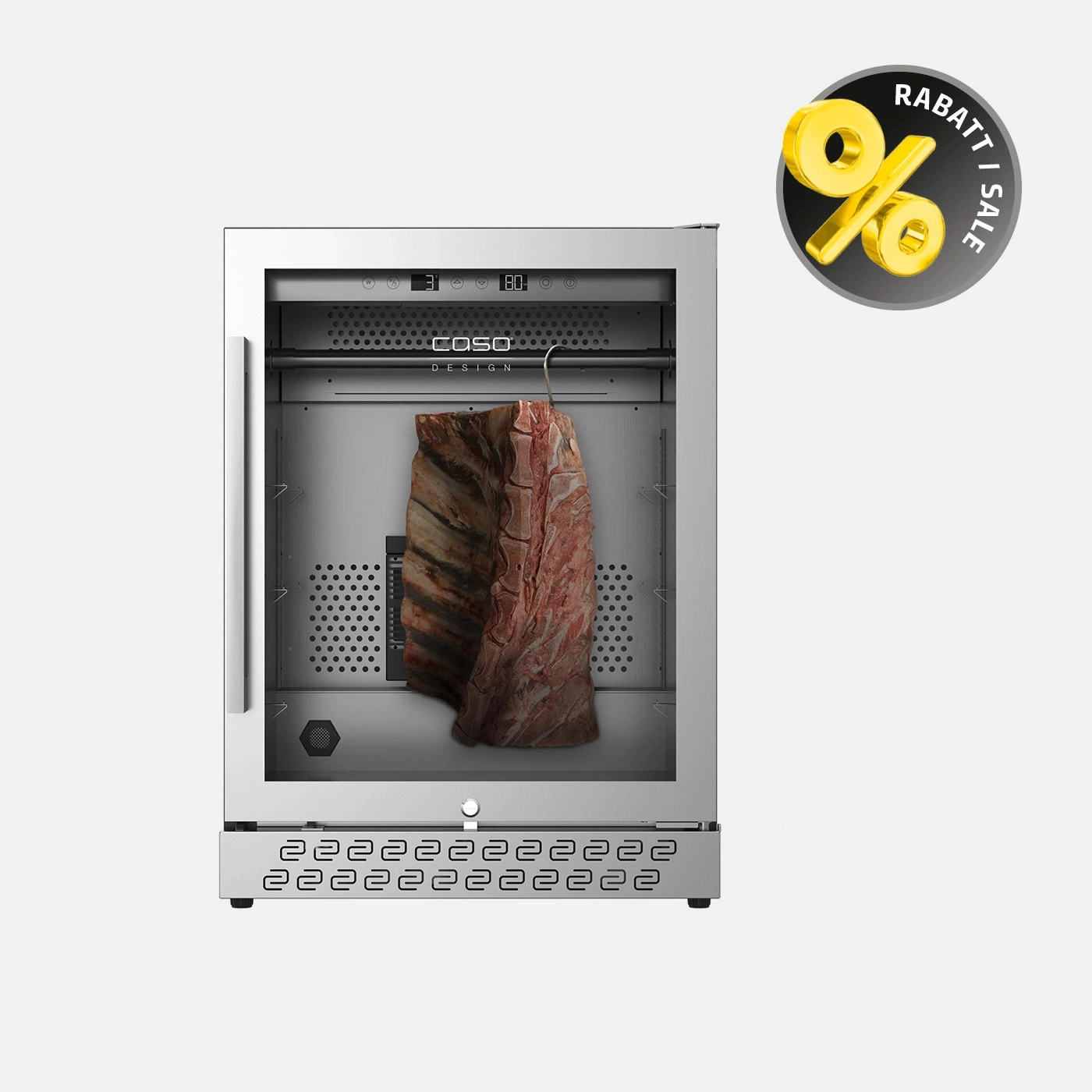 A meat aging cabinet with a large piece of meat and a discount symbol.