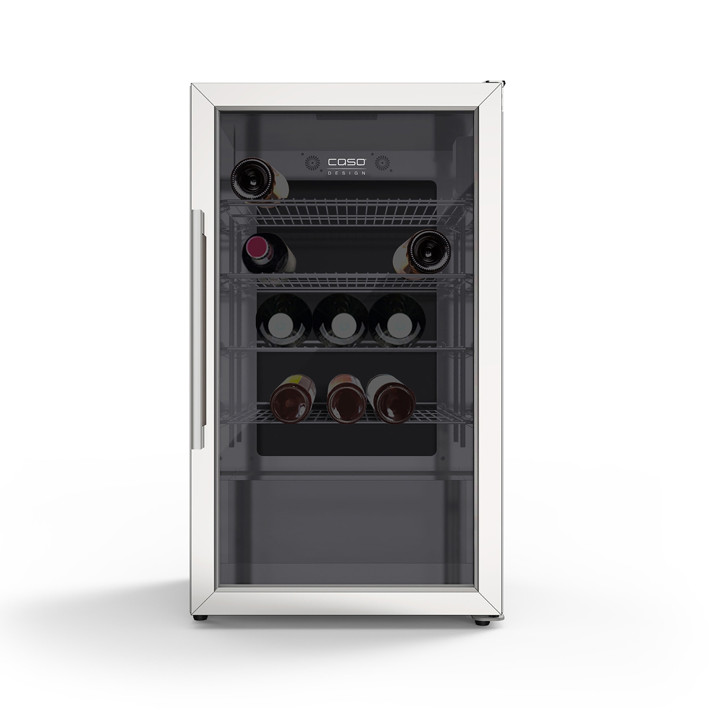 Weinkühlschrank mit Glasfront und Flaschen, Caso Design, Edelstahl