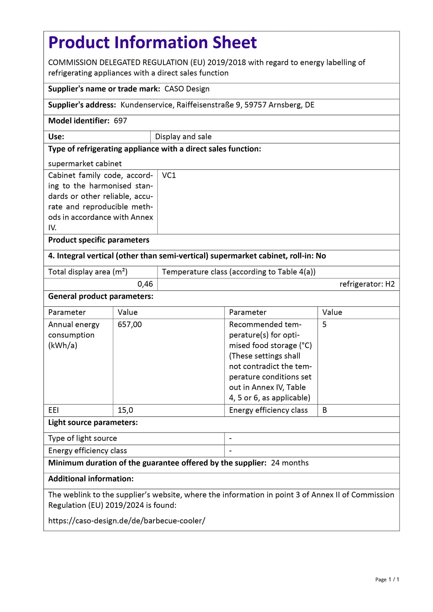 Product data sheet: refrigerator, energy efficiency, technical details, manufacturer information, model 697.