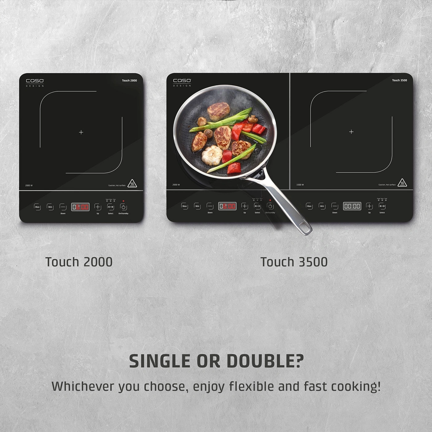Caso double induction cooker with cookware and text
