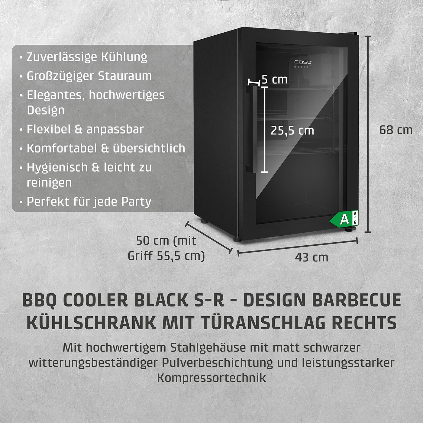 Schwarzer Kühlschrank mit Eigenschaften wie Zuverlässigkeit, Design und Party-Eignung. Abmessungen: 50x43x68 cm.