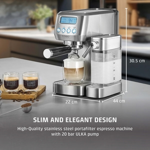 Espresso machine with milk frother, 22cm wide, 30.5cm high, 44cm deep, Caso Design