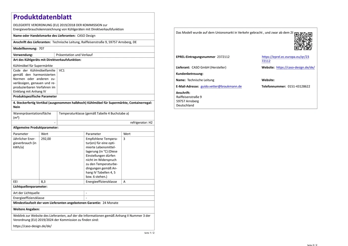 Produktdatenblatt mit Informationen zu Energieverbrauch und technischen Daten.