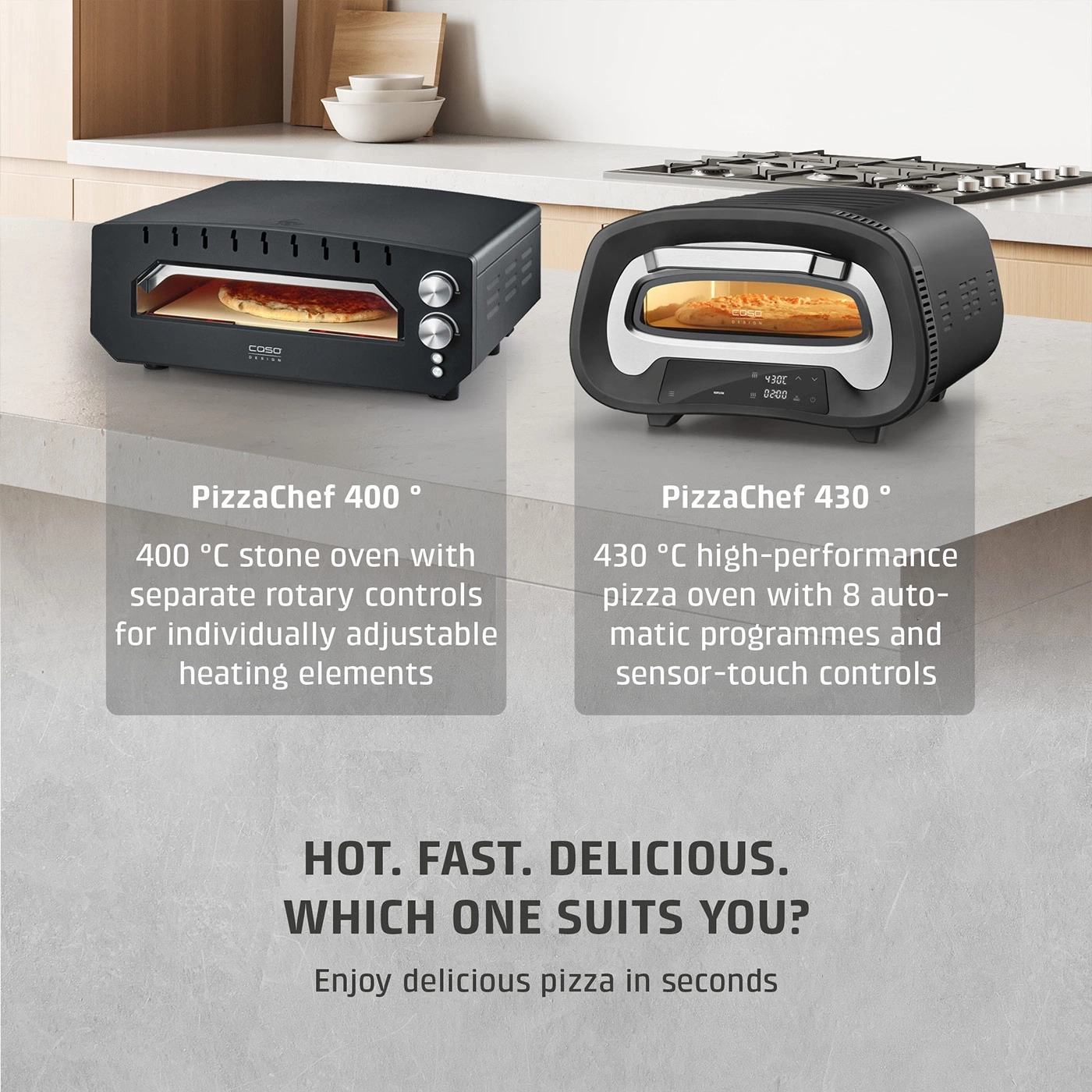 Two pizza ovens, PizzaChef 400 and PizzaChef 430, on a kitchen counter.