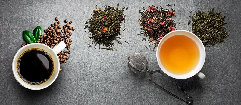Coffee and tea: A cup of coffee, a cup of tea, and different types of tea.