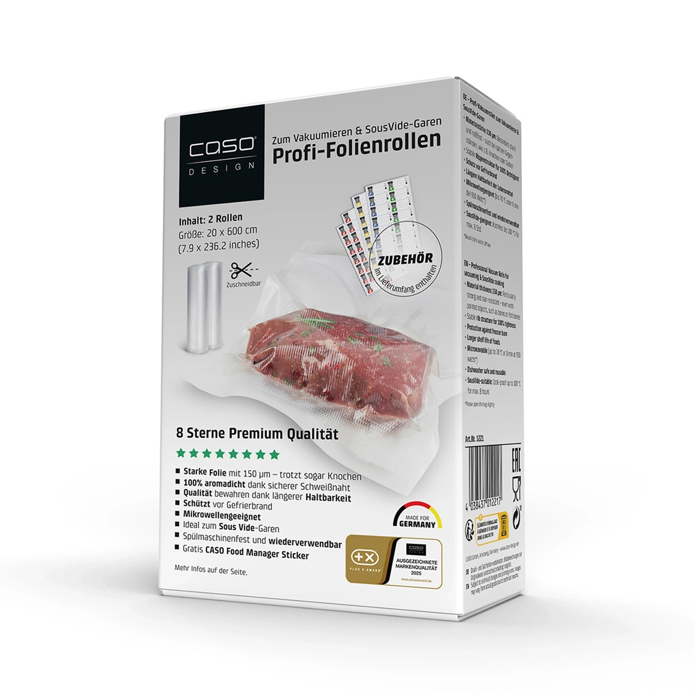 Packaging with vacuum sealer and Sous Vide rolls and a piece of meat.