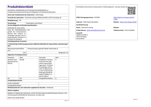 Produktinformationsblatt mit technischen Details zu einem Kühlschrank für Supermärkte.