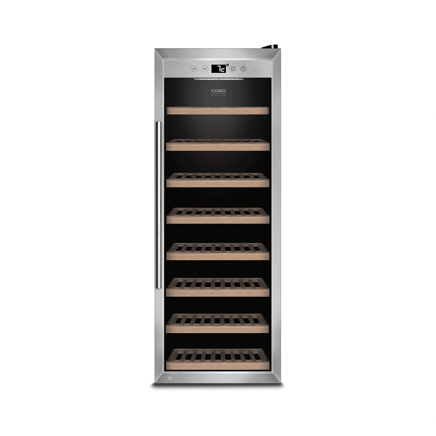 Weinkühlschrank mit Holzregalen und Temperaturanzeige, Edelstahl