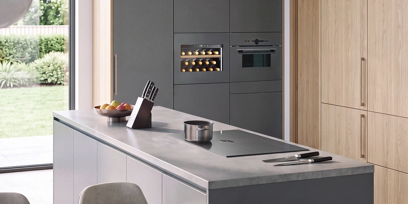 Modern kitchen with island, wine cooler, and wood elements.