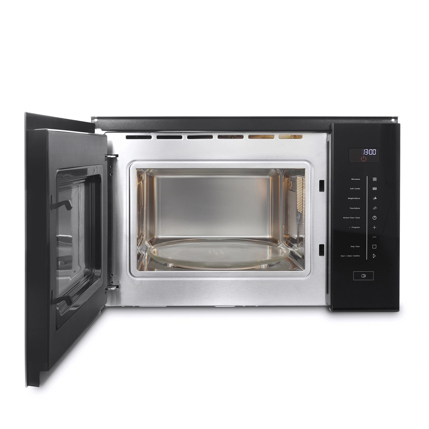 Open microwave with glass turntable and control panel showing the time