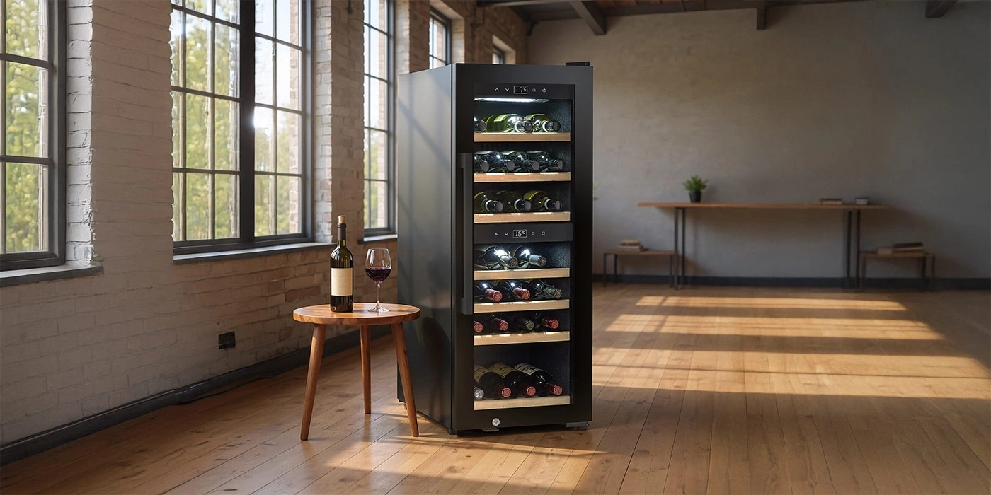 Ein moderner Weinkühlschrank mit Flaschen und einem Glas Wein auf einem Beistelltisch.