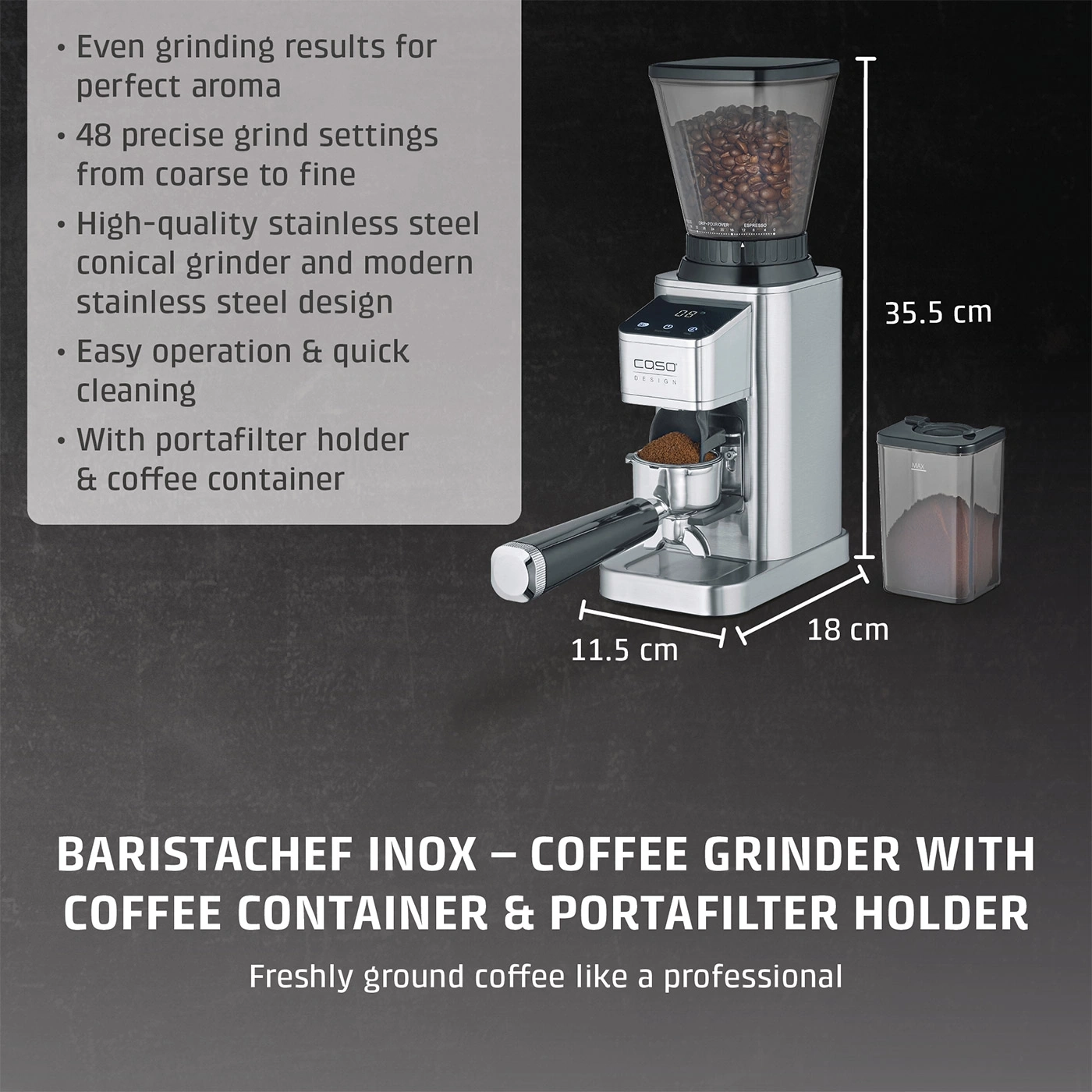 Barista coffee grinder with portafilter holder and coffee container