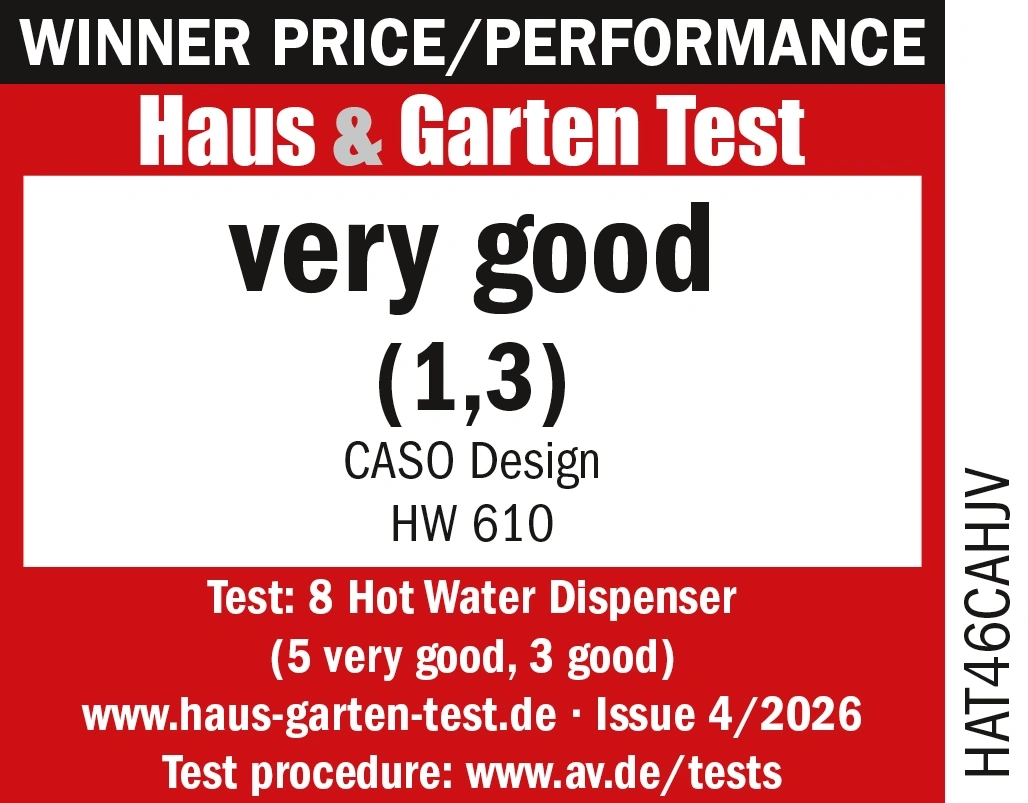 A test seal from Haus & Garten Test with the rating 'very good (1.3)' for the HW 610.
