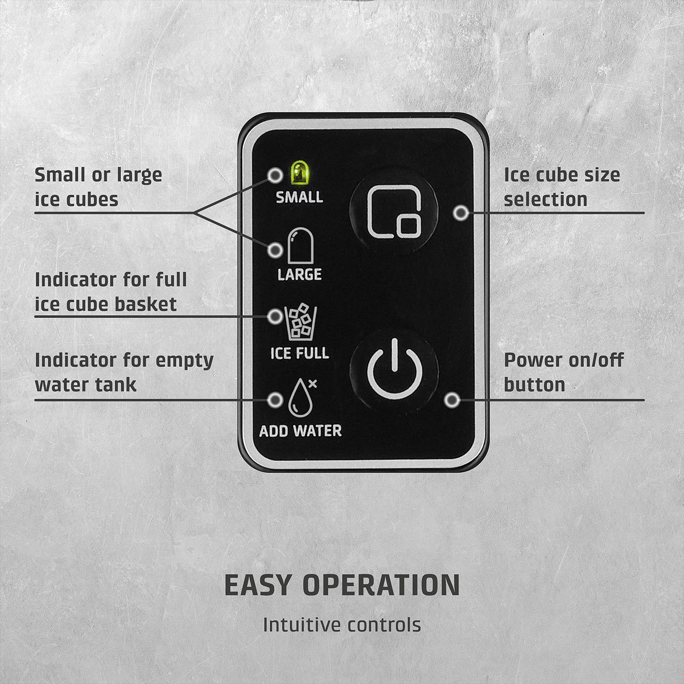 Ice maker control panel: small/large ice cubes, full ice, empty water, power button.