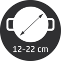 Kochtopf-Größenangabe: Durchmesser 12-22 cm, schwarzer Kreis, weißer Text und Pfeil.